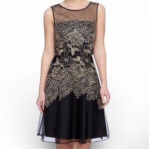 TAHARI ASL Black Sheer Mesh Metallic Cocktail Dress Romantic Goth Ballet Size 6P